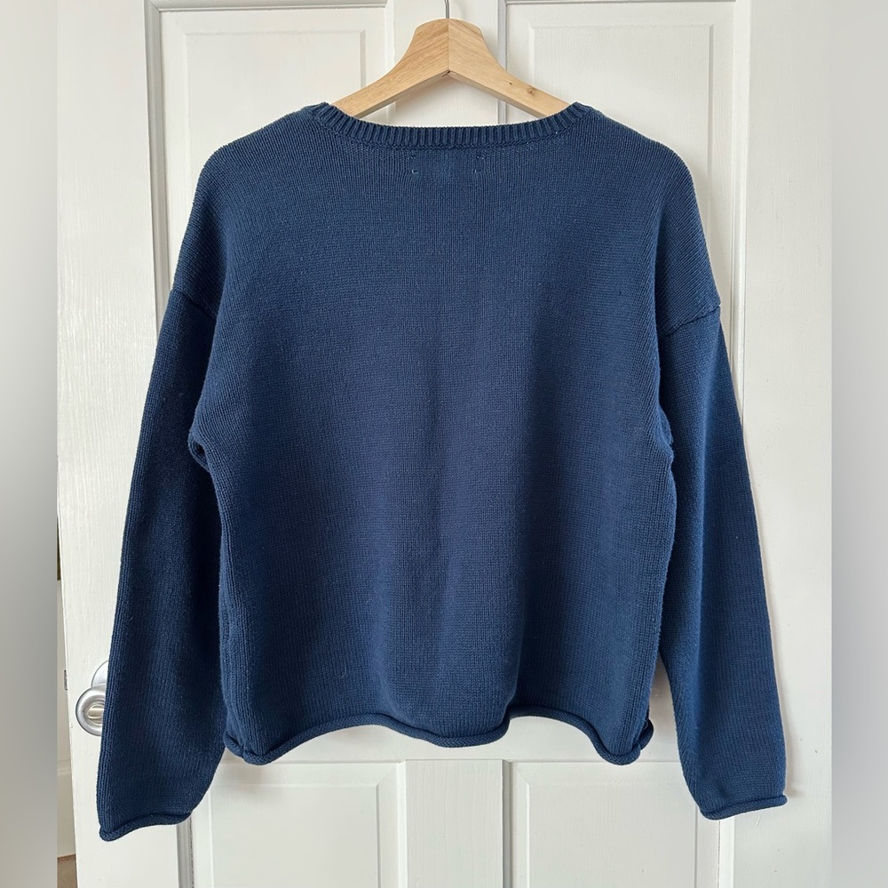 Lucky Brand Navy Blue Crop Sweater with Lucky Clover Graphic Rolled Hem Size L - Picture 3 of 8